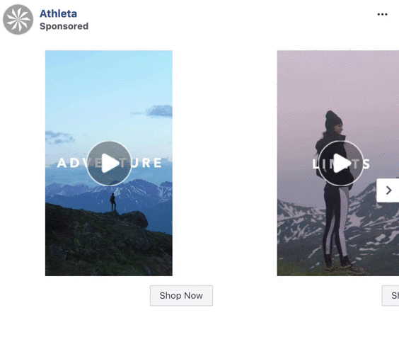 Two video ads from Athleta: one shows a person on a mountain with "ADVENTURE" text; the other shows a person in athletic wear with "LIMITS" text. Both have "Shop Now" buttons.