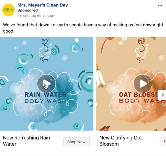 Two side-by-side ads for Mrs. Meyer’s Clean Day body wash in Rain Water and Oat Blossom scents, each with product illustrations and "Shop Now" buttons.
