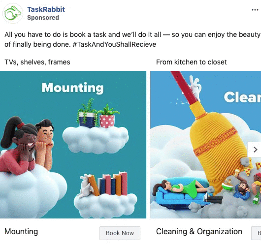 TaskRabbit ad with cartoon people: left image shows "Mounting" TVs, shelves, frames; right image shows "Cleaning & Organization" with a broom and household items.
