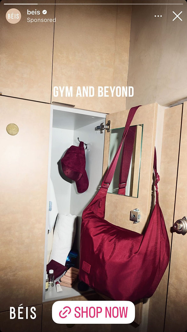 An open locker with a maroon gym bag hanging from the door, a matching hat inside, towels, and toiletries on the shelves. Text reads "Gym and Beyond.