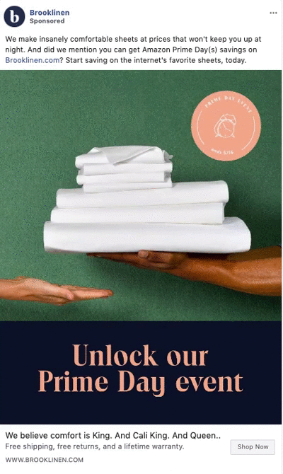 A person holds a stack of folded white sheets above text promoting Brooklinen’s Prime Day event with offers for free shipping, returns, and a lifetime warranty.