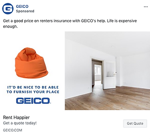 A Geico ad shows an empty, unfurnished room with wooden floors and white walls, alongside an orange bean bag and the message, "It'd be nice to be able to furnish your place.