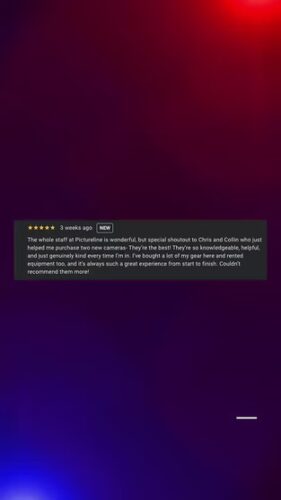 A screenshot of a positive online review praising the helpful staff and service at a camera store, specifically mentioning Chris and Collin.