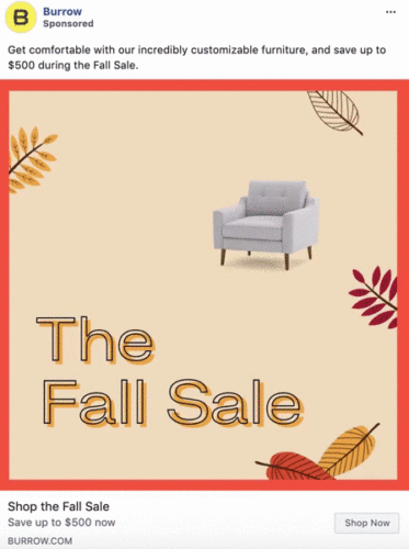 Ad for Burrow's Fall Sale featuring a gray armchair, autumn leaves, and text promoting up to $500 off customizable furniture.