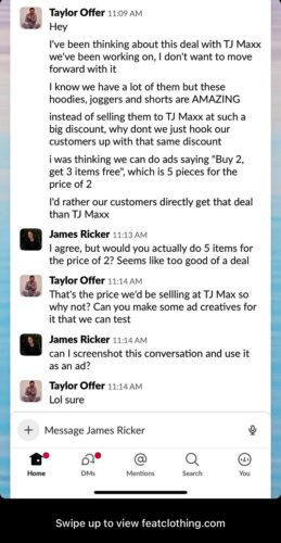 Screenshot of a Slack conversation discussing selling apparel bundles versus deals with TJ Maxx, with team members weighing the pros and cons of different sales strategies.