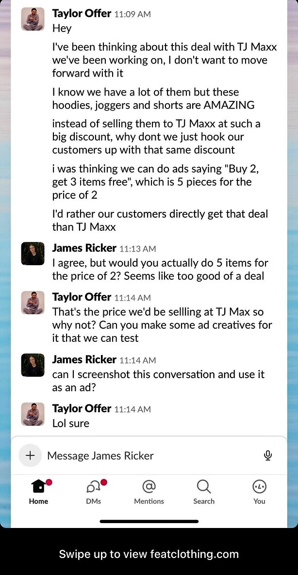Screenshot of a Slack conversation discussing selling apparel bundles versus deals with TJ Maxx, with team members weighing the pros and cons of different sales strategies.