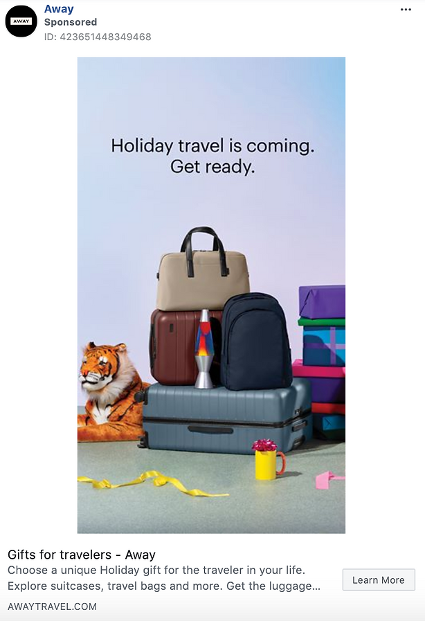 Stacked suitcases, bags, a tiger plush, and wrapped gifts are arranged against a blue background with text that reads, "Holiday travel is coming. Get ready.