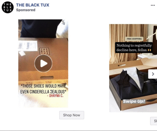 Two social media ads for The Black Tux feature a suit delivery unboxing and a display of suit accessories with buttons labeled “Shop Now” and “Swipe Up!”.
