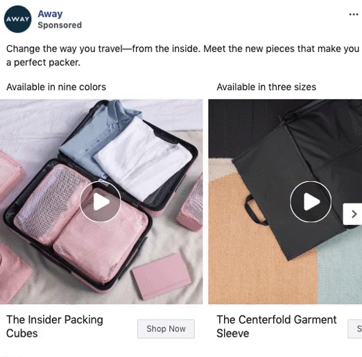 Two travel storage products: pink packing cubes in an open suitcase on the left, and a black garment sleeve partially zipped open on the right. Both products are displayed on light surfaces.