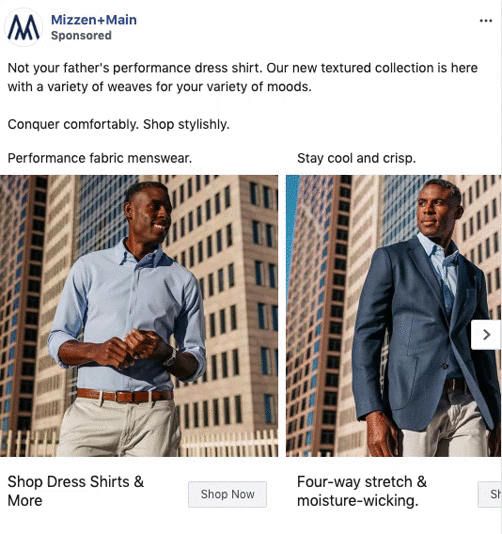 A man stands outside wearing a light blue dress shirt in one image and a blue suit jacket over the shirt in the other, set against a city building background.