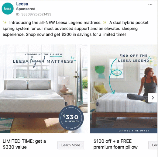 Ad for Leesa Legend mattress showing a bedroom with the mattress, promo offer of $330 in savings, $100 off, and free premium foam pillow for a limited time.