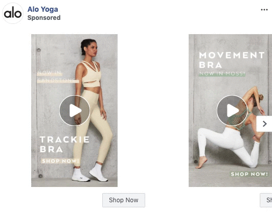 Two Alo Yoga ads display women modeling activewear sets in neutral colors, with text promoting “Trackie Bra” and “Movement Bra.” Both images feature “Shop Now” buttons.