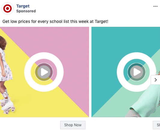 A Target ad shows two side-by-side images with pastel backgrounds: a girl on roller skates on the left and a partial view of a person on the right, with play icons in the center of each image.