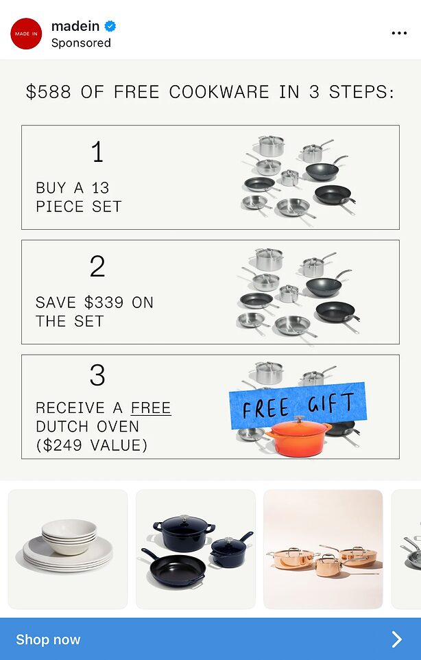 Promotional graphic showing steps to get $588 of free cookware: buy a 13-piece set, save $339, and receive a free Dutch oven valued at $249. Images of cookware sets and Dutch oven included.