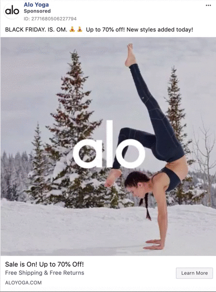 A woman performs a handstand in yoga attire outdoors in a snowy landscape with evergreen trees; "alo" logo is displayed in the center.