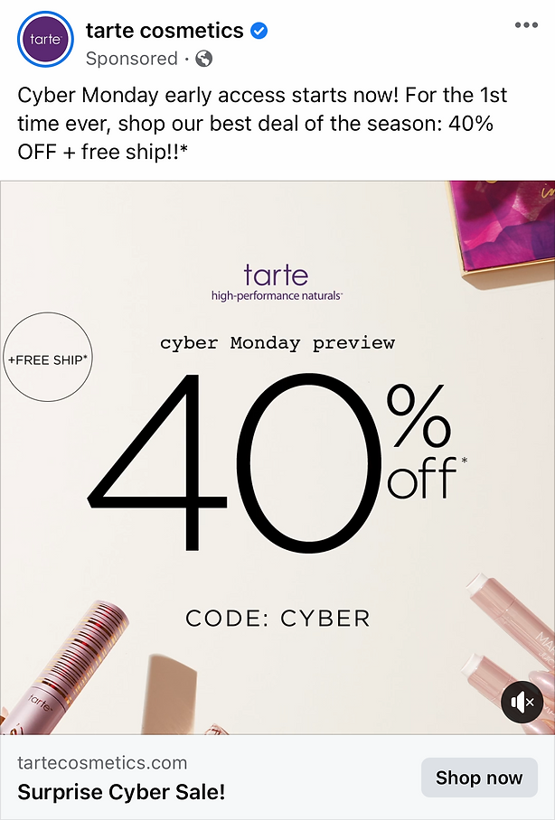 Advertisement for Tarte Cosmetics shows a 40% off Cyber Monday preview with free shipping, promo code "CYBER", and images of cosmetic products on a light background.