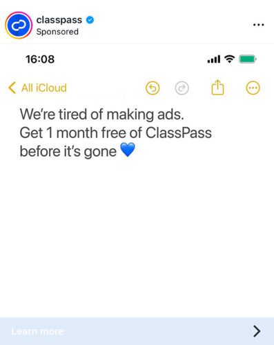 A digital ad from ClassPass displays text offering 1 month free of ClassPass, with a blue heart emoji and a simulated email interface.