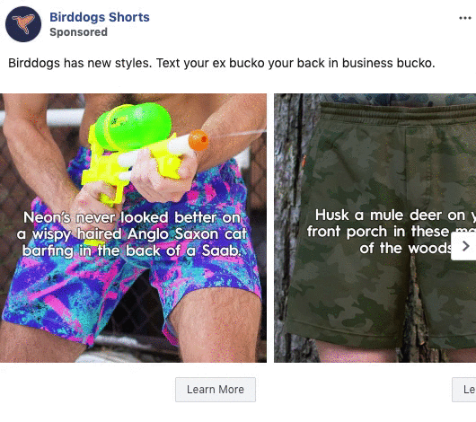 Two images of men's shorts: the left features colorful neon shorts and the right shows green camo shorts. Both are modeled by men, with the left model holding a water gun.