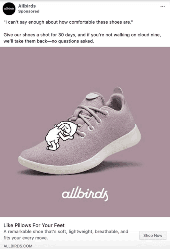 A light purple Allbirds sneaker with a white cartoon figure hugging the shoe is displayed against a muted pink background.