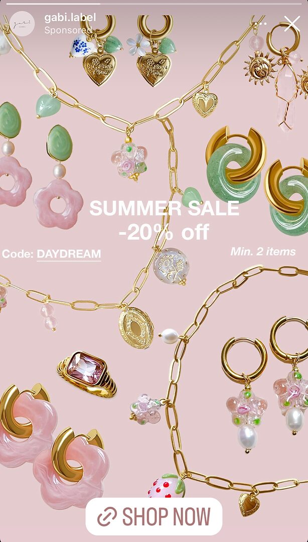 Assorted gold and pastel-toned jewelry pieces displayed on a pink background, promoting a summer sale with 20% off when purchasing at least two items.