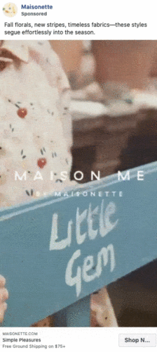 A child in a floral dress holds a blue wooden sign that reads "Little Gem" with text overlay promoting Maisonette’s fall fashion for children.