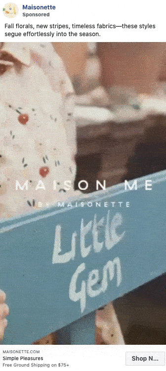 A child in a floral dress holds a blue wooden sign that reads "Little Gem" with text overlay promoting Maisonette’s fall fashion for children.