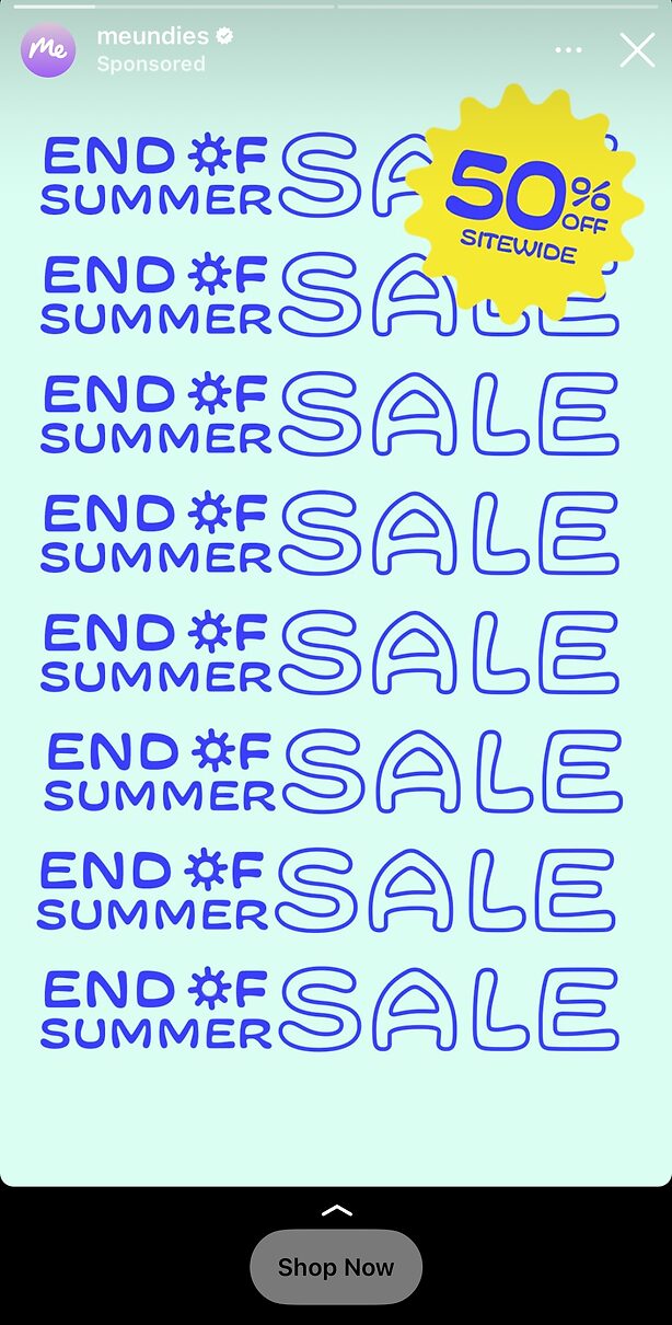 Image with repeated text "END OF SUMMER SALE" in blue. A yellow sticker shows "50% OFF SITEWIDE." "Shop Now" button at the bottom.