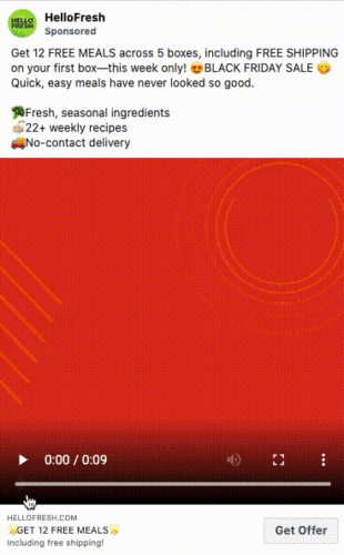 Short video ad for HelloFresh promoting a Black Friday sale with 12 free meals, free shipping, seasonal ingredients, 22+ recipes, and no-contact delivery. "Get Offer" button visible.