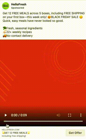 Short video ad for HelloFresh promoting a Black Friday sale with 12 free meals, free shipping, seasonal ingredients, 22+ recipes, and no-contact delivery. "Get Offer" button visible.