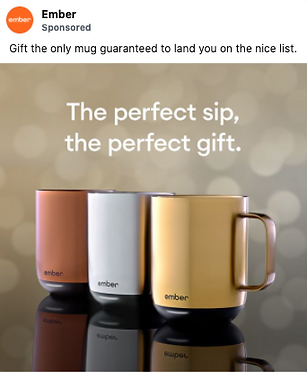 Three Ember smart mugs in metallic rose gold, silver, and gold are displayed side by side with the text "The perfect sip, the perfect gift" in the background.
