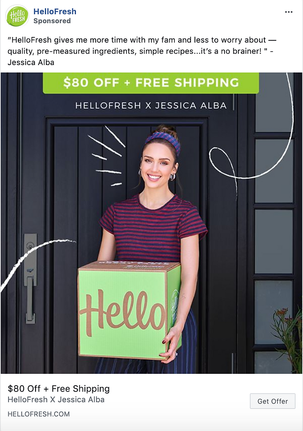 A woman stands in front of a door holding a HelloFresh box, with a sign above her offering $80 off and free shipping. Text quotes Jessica Alba endorsing HelloFresh.