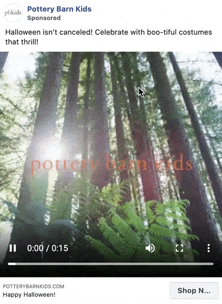 Animated ad for Pottery Barn Kids showing tall trees transitioning to children in Halloween costumes, including a pumpkin and a skeleton, with the message "Halloween isn’t canceled!.