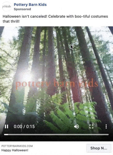 Vertical video ad showing children in Halloween costumes running through a forest. Pottery Barn Kids logo and Halloween message overlayed on the screen.