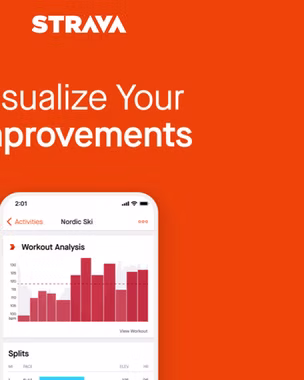 Strava app interface showing a workout analysis bar graph with the text "Visualize Your Improvements" on an orange background.