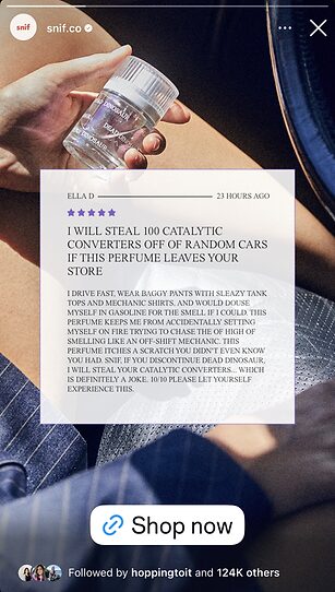 A hand holds a clear Snif perfume bottle above a white sheet, with a review text overlay and a "Shop now" button at the bottom.