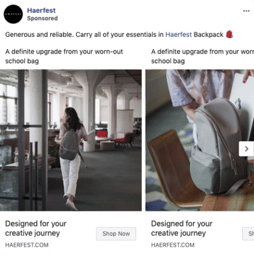 A woman with a light gray backpack walks through a modern, open workspace. Close-up of the same gray backpack is shown on the right.