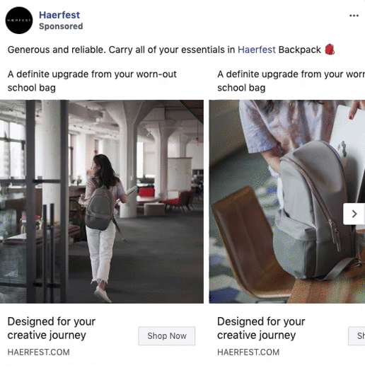 A woman with a light gray backpack walks through a modern, open workspace. Close-up of the same gray backpack is shown on the right.