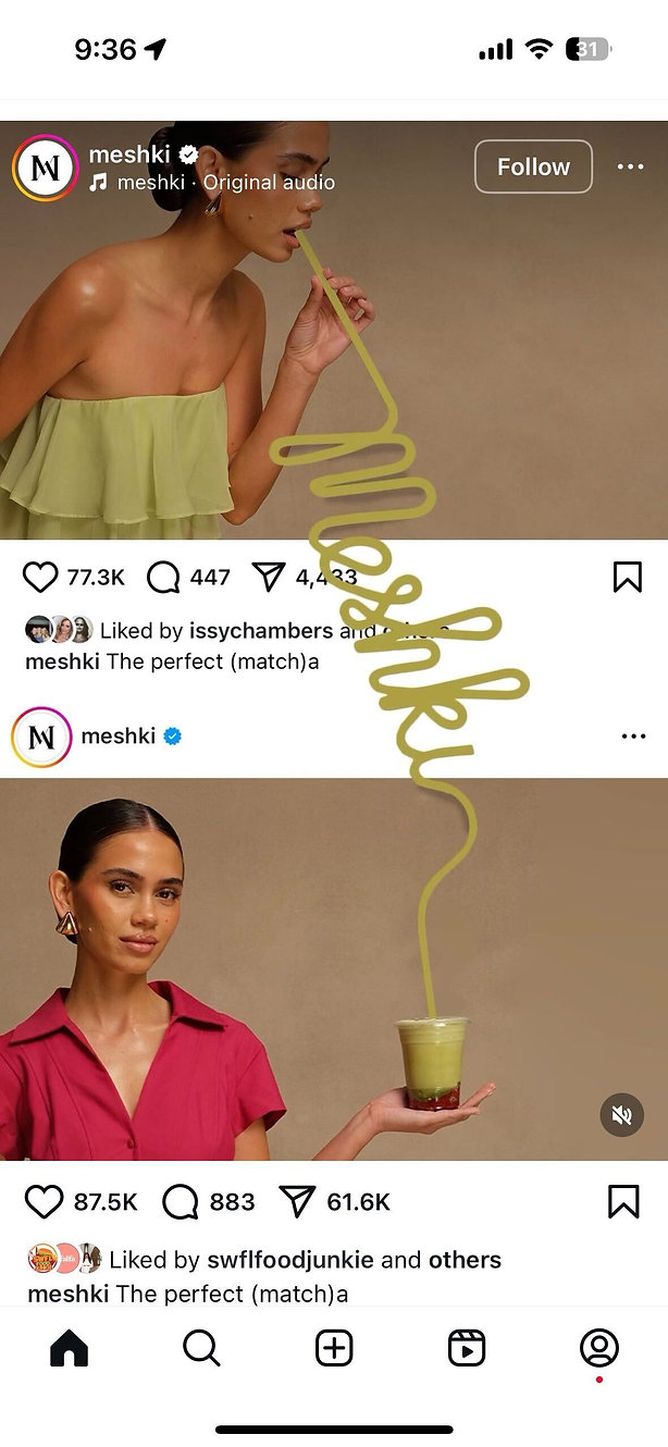 A woman in a green top sips a green drink through a straw in the first image. In the second image, a woman in a red top holds up a green drink in a cup against a beige background.