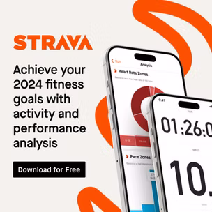 Advertisement for Strava app showing two smartphones displaying fitness tracking and analysis features, with text promoting 2024 fitness goals and a "Download for Free" button.