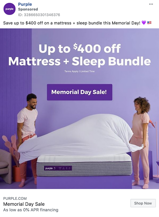 Two people stand on either side of a bed, lifting a white sheet above a Purple mattress. Text advertises up to $400 off a mattress and sleep bundle for Memorial Day.