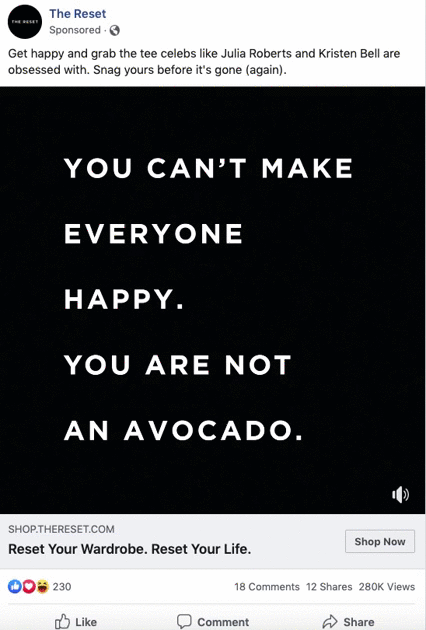 White text on a black background reads: "You can't make everyone happy. You are not an avocado." Facebook post with a shop link and engagement icons below.