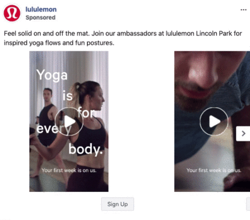 A Lululemon ad featuring two video previews: one shows people in a yoga class, and the other shows a close-up of a person practicing yoga. Text promotes introductory yoga sessions.