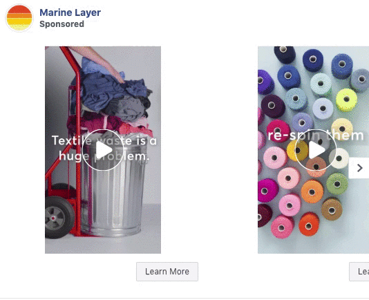 A hand loads a trash can with used clothes, labeled "Textile waste is a huge problem," next to colorful spools of thread and a "Learn More" button.