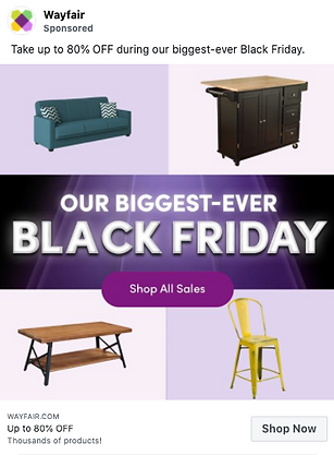 Wayfair ad for Black Friday sale, featuring a sofa, kitchen cart, coffee table, and yellow chair with text offering up to 80% off and "Shop All Sales" button.