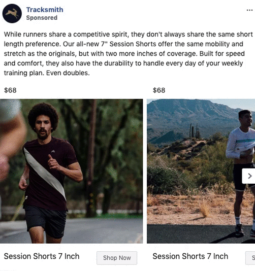Two male runners wearing Tracksmith Session Shorts in outdoor settings, one running in an urban area and the other in a desert landscape. Price listed as $68.