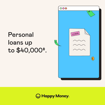 Illustration of a document labeled "loan" on a smartphone screen, with flying money, advertising personal loans up to $40,000 by Happy Money.