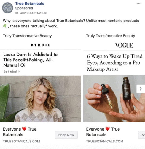 An advertisement for True Botanicals features press reviews and photos of a woman, skincare products, and promotional text about non-toxic beauty products.