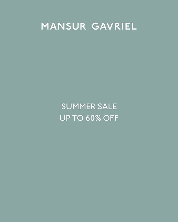 Text on a muted green background reads: "Mansur Gavriel. Summer Sale Up to 60% Off.