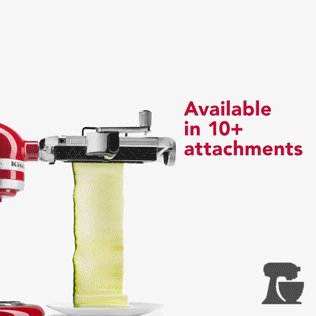 A red KitchenAid stand mixer with an attachment slicing a zucchini, with text stating "Available in 10+ attachments.