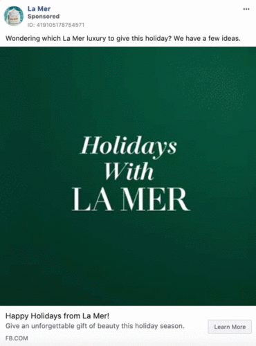 Green background with white text reads "Holidays With LA MER." Facebook ad promotes La Mer luxury beauty products as holiday gifts.